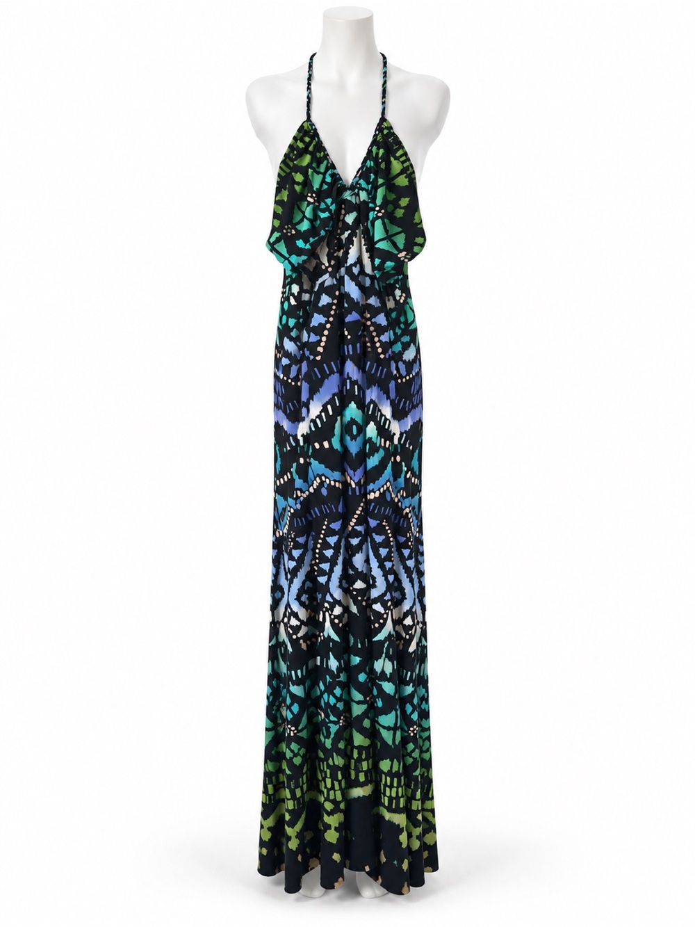 Snap Green & Blue Patterned Halter Maxi Dress